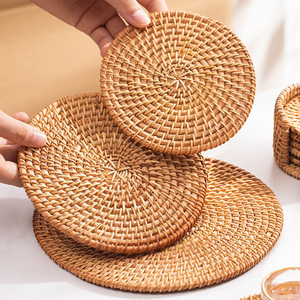 Eco Friendly Woven Rattan Circular Flower Pattern Handmade Coasters & Drink <b>Mats</b> for Dining Table Kitchen <b>Bar</b> Home Decor - Product Image 1