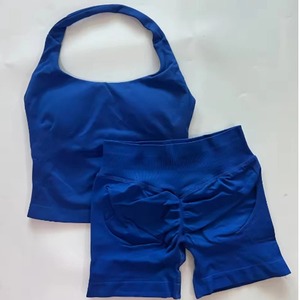 Ensemble short et crop top dos nu noir pour femme, taille mi-haute, sans couture, en spandex et polyester, tenue de sport unie sans manches - Product Image 2