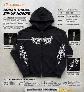 <b>Black</b> <b>Zip</b>-Up <b>Hoodie</b> Custom Graphic Sweatshirt Flame Print Oversized Winter Knitted Pullover <b>Hoodie</b> for Streetwear OEM Service - Product Image 4