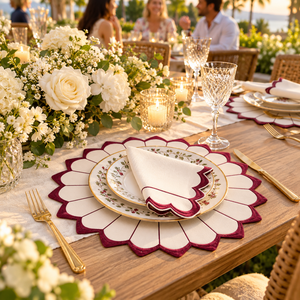 Ensemble de napperons et serviettes en lin naturel brodés motif étoile bordeaux, décor de table élégant à bords festonnés pour dîners raffinés et fêtes - Product Image 2