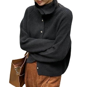 <b>Women's</b> Black Turtleneck Knit <b>Cardigan</b> Full Sleeve Thick Winter Casual 100% Acrylic Button Closure Solid Color Sweater - Product Image 1