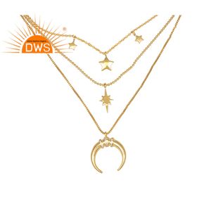 Collier en Zircon blanc, ensemble de breloques lune et étoile, Triple chaîne en laiton plaqué or, vente en gros de bijoux - Product Image 3
