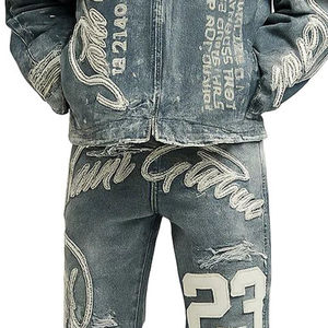 Ensemble veste et pantalon en jean durable à prix de gros – Veste et pantalon en jean oversize écoresponsables pour un style décontracté - Product Image 4