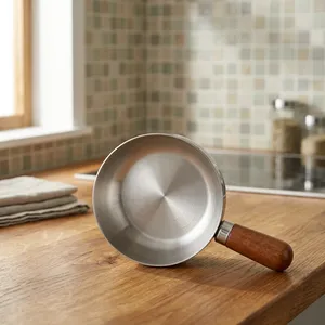 Mini poêle à huile en acier inoxydable avec poignée en bois, petite poêle Tadka pour tempérer les épices, faire chauffer le ghee et le beurre, poêle à sauce de cuisine - Product Image 2