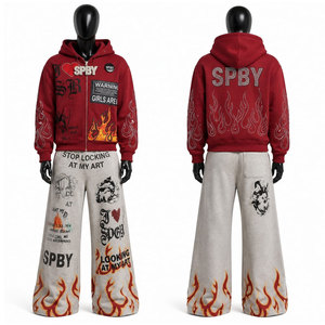 Survêtement streetwear de qualité export, à capuche, manches longues, imprimé, avec ourlet fendu, coupe ample, pantalon évasé, fermeture à cordon, pour l'automne - Product Image 1