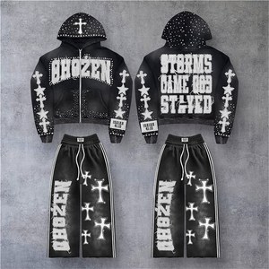 Custom Men Vintage Acid Wash Tracksuit Hoodie Sweatpants Gym Wear Streetwear OEM Manufacturer - Product Image 1
