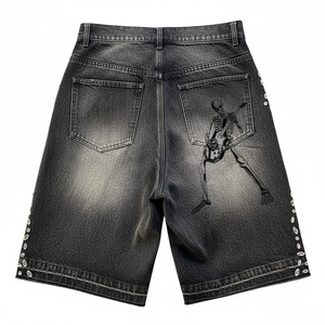 Shorts en jean déchirés taille haute avec strass, style streetwear, pour homme, noir, effet usé, été - Product Image 2