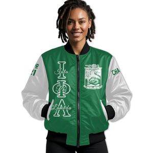 Veste universitaire personnalisée pour femmes Iota Phi Lambda, vert émeraude et blanc, avec blason à lettres grecques sur le devant et le dos, fermeture éclair, style bomber - Product Image 1