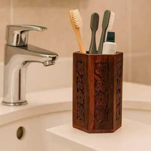 WOOD Bathroom Countertop Organizer With Compartments For Toothbrushes <b>Toothpaste</b> And Grooming Tools Modern Storage - Product Image 1