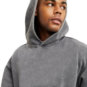 Sweat à capuche vintage pour homme, hiver, délavé à l'acide, 100% coton, coupe oversize, épaules tombantes, poche, motif uni, teinture unie - Product Image 5