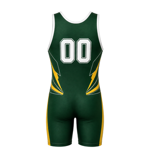 Men Dark Green Yellow Sublimated Wrestling Singlet Polyester <b>Athletic</b> Sports Uniform Sleeveless Competition Training Match Wear - Product Image 3