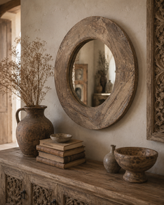 Miroir de courtoisie rond vintage en bois blanc vieilli, à suspendre, pour chambre, salon, entrée, maison, hôtel - Product Image 4