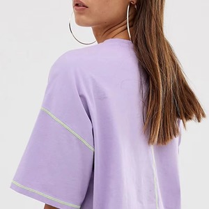 T-shirt court lavande pour femme, col rond, manches courtes, coupe ample, couleur unie, tricot jersey décontracté, idéal printemps-été - Product Image 5