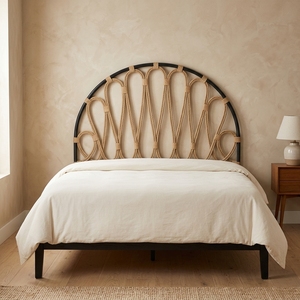 New Modern Minimalist Black <b>Frame</b> Curved <b>Rattan</b> Headboard <b>Bed</b> <b>Frame</b> Wood Eco-Friendly Double Queen Bedroom Furniture Upholstered - Product Image 2