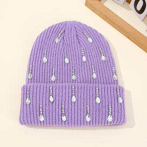 Unisex White Rhinestone Beanie Hat Solid Color Knitted <b>Winter</b> <b>Cap</b> Casual Style for Adults 56-58CM Head Circumference - Product Image 3