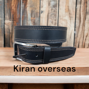 Ceinture en cuir de buffle véritable, double couture, décontractée, durable, noire, de haute qualité - Product Image 3