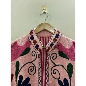 Floral Embroidered Knitted Cotton Autumn Winter <b>Jacket</b> Women Mandarin Collar Full Sleeve Open Front Handmade Design - Product Image 4