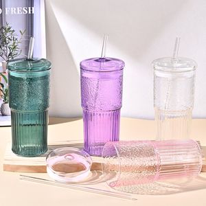 Set di 2 Bicchieri in Vetro Borosilicato Viola da 20 oz con Motivo Verticale, Tazza Resistente al Calore per Succhi con Coperchio - Product Image 5