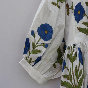 Beautiful Floral Hand Block Printed Cotton Dress White 3/4 Sleeves Casual Wear for Women-Indus <b>Art</b> & Emporium Summer - Product Image 5