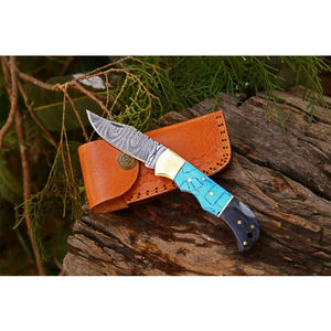 Couteau de poche en acier Damas fait main de haute qualité avec étui en cuir, cadeau idéal pour le camping, OEM et ODM pris en charge - Product Image 6