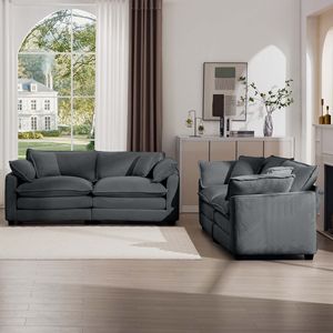 Canapé de salon moderne en tissu, 2 places, grand et profond, inclinable, ensemble de deux pièces avec 8 coussins, revêtement gris Cordu - Product Image 2