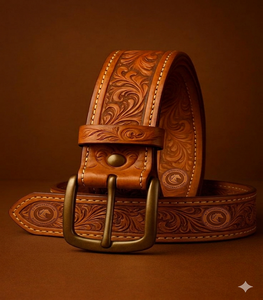 Ceinture en cuir véritable avec gravure florale en relief, style western cowboy, vintage, rustique, faite à la main, accessoire de mode décontracté - Product Image 3