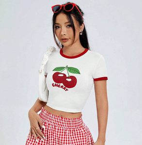 <b>White</b> Short Sleeve Crop Top O-Neck <b>Slim</b> <b>Fit</b> Knitted Men's T-<b>Shirt</b> With Red Contrast Trim Casual Solid Design - Product Image 3