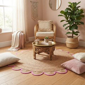 Tapis rond sur mesure, grand, festonné, 100% jute biologique, écologique, bohème, à poils ras, fait main, sur mesure - Product Image 3