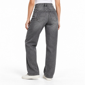 Jean en denim taille haute décontracté coupe droite pour femme avec poches arrière effet soleil, broderie, respirant et lavable, gris fumé - XL - Product Image 3