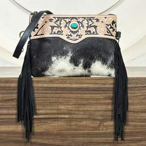 Bolso Bandolera de Cuero Negro Premium con Pedrería Turquesa, Gran Capacidad, Estilo Bohemio Occidental, para Mujer, Ideal para Viajes - Product Image 4