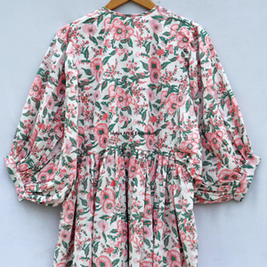 Beautiful Floral Hand Block Printed Cotton Dress for Women Indus <b>Art</b> & Emporium Pink 3/4 Sleeves Summer Casual Wear - Product Image 5