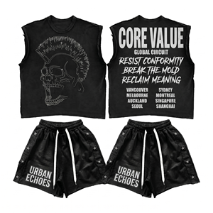 280 GSM Heavyweight Cotton French Terry Washed Black Sleeveless Tee Shorts DTG Logo Men Sleeveless shirt and Shorts <b>Set</b> - Product Image 3