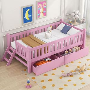 Letto a piattaforma in legno rosa per bambini, singolo, con sponda di sicurezza e 2 cassetti - Product Image 2