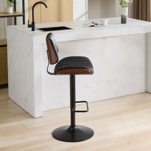 Mid Century Modern Walnut Bentwood Bar <b>Stools</b> Adjustable Counter Height Black <b>Leather</b> Upholstered 360 Degree Swivel Bar Chairs - Product Image 5