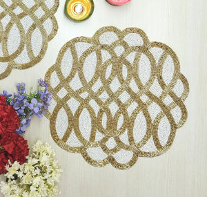 Gold Interlocking Lattice <b>Beaded</b> <b>Placemat</b> Scalloped White Gold Table Decor Luxury Boutique Wholesale Artistry By PR India - Product Image 1