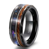 Bague en tungstène résistante aux rayures avec incrustation de coquille de bois et de corde de guitare, bijoux pour hommes, vente en gros, directement de l'usine
