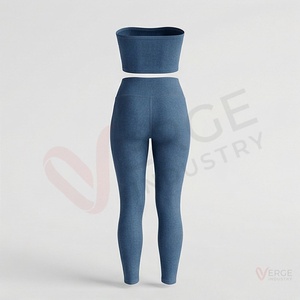 Ensemble 2 pièces côtelé bleu marine pour femme : Crop top bustier à col carré et Legging taille haute zippé - Product Image 2
