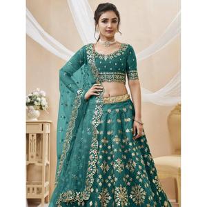 Deslumbrante verde azulado bordado trabajo arte seda dama de honor Lehenga Choli - Product Image 6
