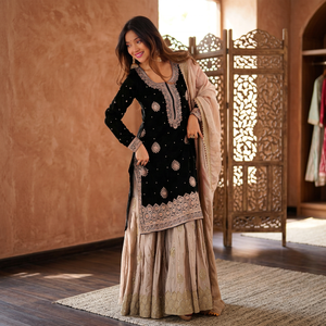 Black Embroidered <b>Kurta</b> With Sharara And Dupatta Traditional Indian Pakistani Wedding Wear For Women's Set - Product Image 5