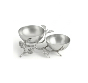 Hot Selling Metal Dual Bowl Set With Leaf Branch Stand Polished Finish For Food Serving Modern Design - Product Image 1