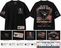 WYNTHREADS T-shirt Oversize da Uomo Blu Navy Personalizzata con Stampa Bandiera Americana, Citazione Biblica a Tema Fede, Salmo 33:12, Manica Corta Casual