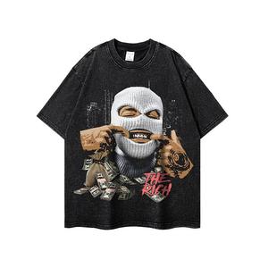 Camiseta negra de manga corta con cuello redondo para hombre, camiseta con estampado de personaje enmascarado y gráfico de dinero, estilo urbano - Product Image 2
