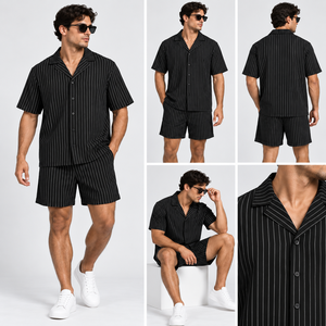 Ensemble chemise et short à rayures pour homme – Coupe ample de qualité supérieure, col cubain, tenue d'été en deux pièces - Product Image 6