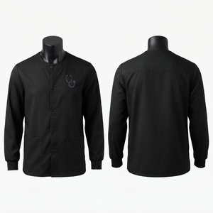 เสื้อคลุมแพทย์ชาย พรีเมียม โพลีคอตตอน 180 GSM สีดำ แขนยาว ติดกระดุมด้านหน้า มีกระเป๋าสองข้าง ปักโลโก้ตามสั่ง - Product Image 1