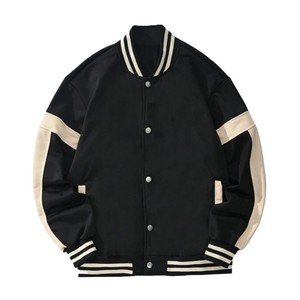 Men's Black Varsity Jacket Woolen Quick Dry Cotton-Lined Stand Collar <b>Covered</b> <b>Button</b> Closure Full-Sleeve Blank Spring Wear - Product Image 2