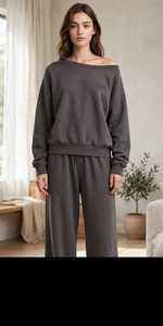 Women Casual Solid Grey <b>2</b> <b>Piece</b> Lounge <b>Set</b> Off Shoulder Sweatshirt <b>and</b> Wide Leg Pants - Product Image 5