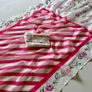 Sari de Lino y Algodón de Diseño para Mujer, Estampado Floral a Rayas, Informal, para Oficina, Uso Diario, Sari Étnico con Blusa - Product Image 1