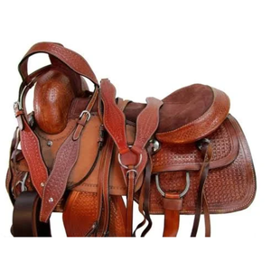 Selle de cheval en cuir occidental de qualité supérieure Royal International |   Selle de course florale sculptée à la main avec arceau en fibre de verre et acier inoxydable - Product Image 2