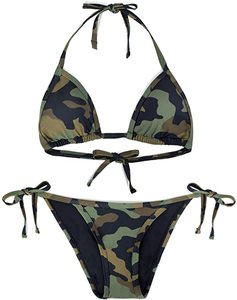 Ensemble de bikini imprimé camouflage, soutien-gorge triangle, bas de maillot à nouer sur le côté, écologique, séchage rapide, maillot de bain sexy - Product Image 1