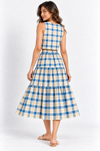 Ensemble jupe et haut décontracté en coton à carreaux pour femme, haut court sans manches et jupe mi-longue à volants étagés, tenue deux pièces été/printemps - Product Image 2